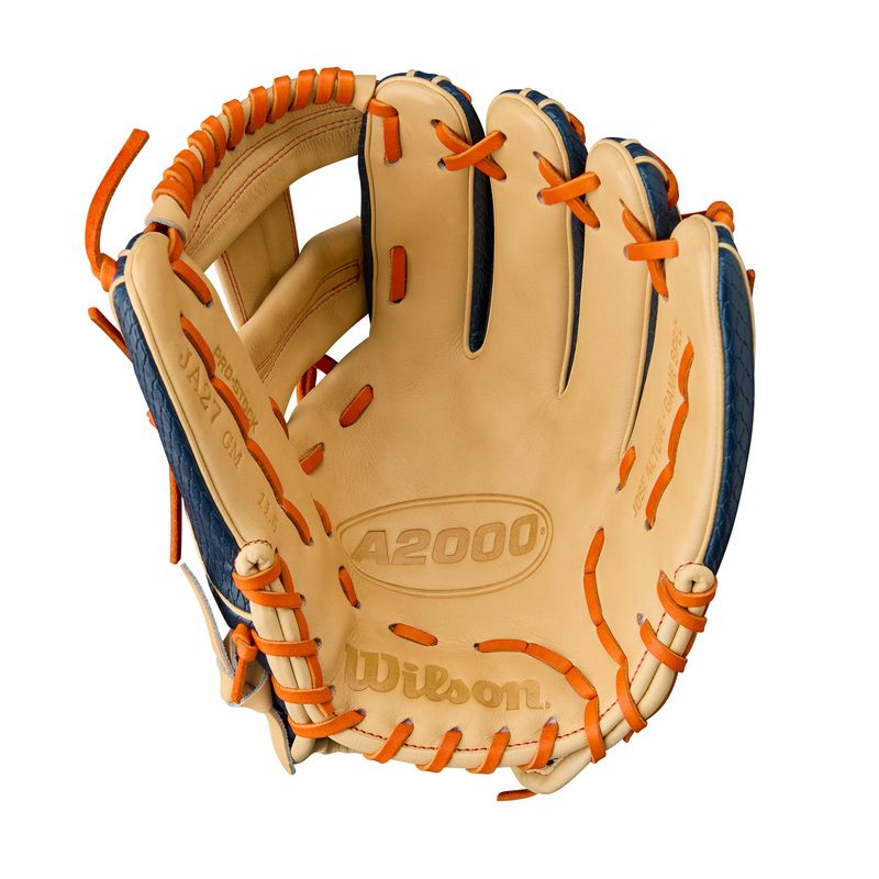 WILSON-GLOVE-A2000-SUMMER-2025-JA27-Navy---Navy-SuperSnakeSkin---Blonde---Orange