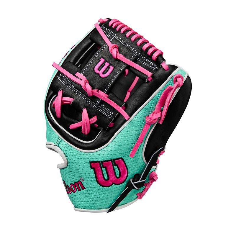 WILSON-GLOVE-A2K-SUMMER-2025-1720-Black---Seafoam-SuperSnakeSkin---Flamingo-Pink