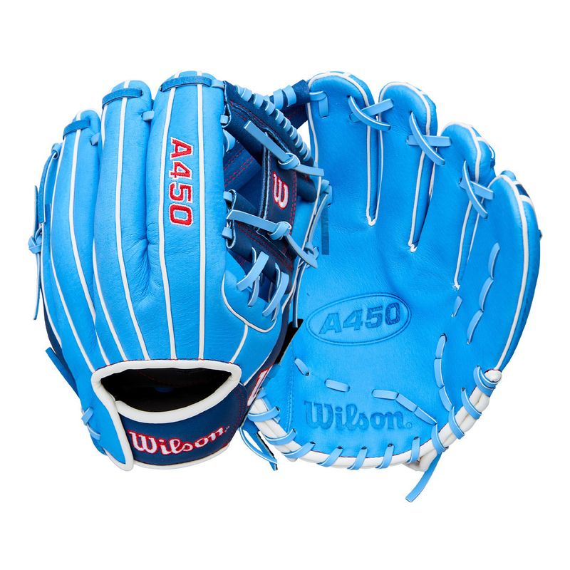 Wilson A450 11" Infield Baseball Glove Youth - 2022 Cool Blue / Roiyal Blue / White / Red