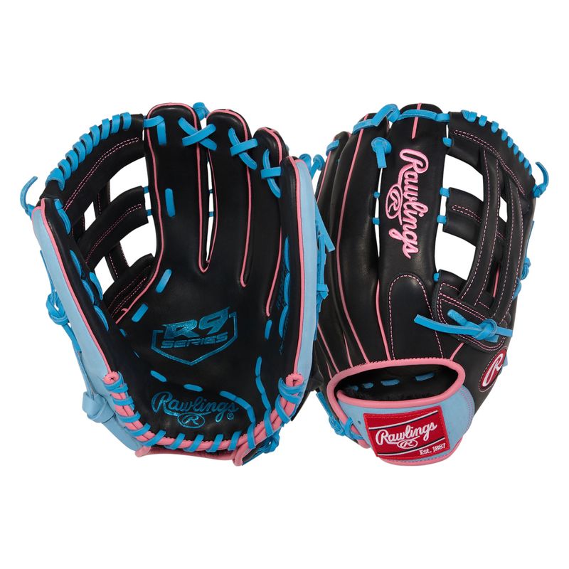 Rawlings R9 Series 12.75" Outfield Baseball Glove Black / Columbia Blue / Pink
