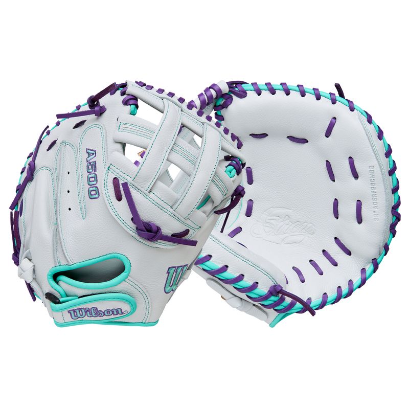 Wilson A500 Siren Fastpitch Softball Catchers Mitt 2026 - Kids' White / Seafoam / Purple