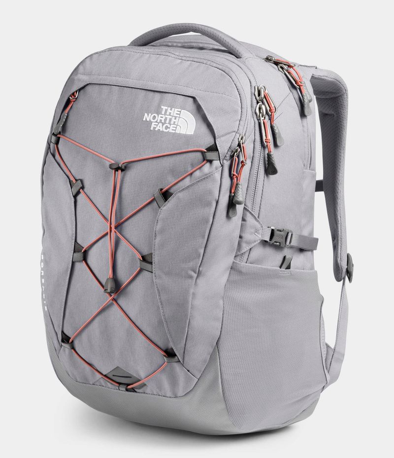 grey and teal north face backpack